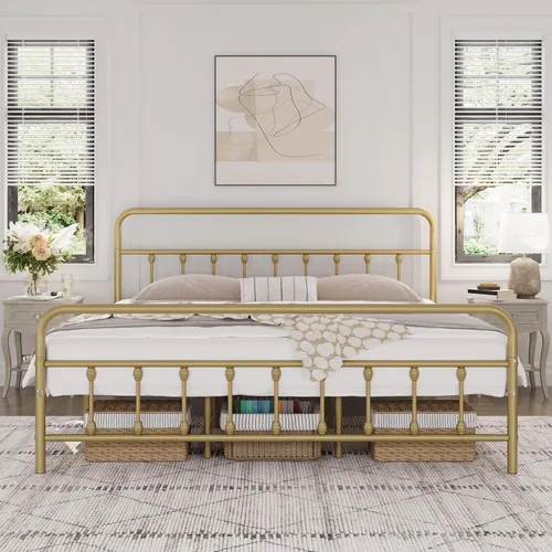 Vista 19 de Yaheetech Base de cama con plataforma de metal, cabecero y estribo Bronce