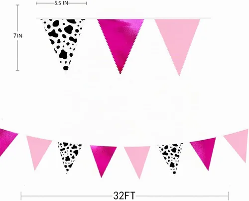 Vista 7 de Decoraciones de fiesta de vaquera de 32 pies con estampado de vaca rosa intenso, bandera triangular, banderines de tela, banderines para vaqueras
