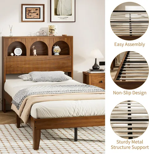 Vista 5 de Lxsxlome - Marco de cama individual con cabecera ondulada, cabecera de madera con 3 compartimentos de almacenamiento arqueados, plataforma de cama