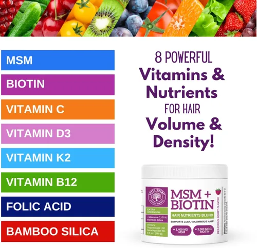 Vista 4 de Qhemet Biologics MSM + Biotin - Mezcla de bebida nutritiva para el cabello, vitaminas en polvo para apoyar un volumen exuberante, sílice de bambú