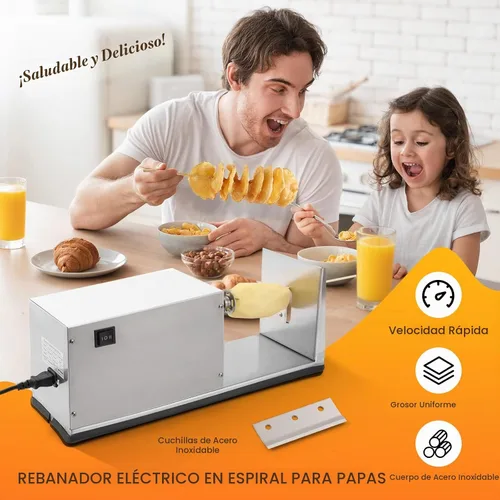 Vista 2 de CGOLDENWALL Cortadora eléctrica de papas con brochetas de bambú gratis de acero inoxidable, cortadora de papas torcida automática de acero