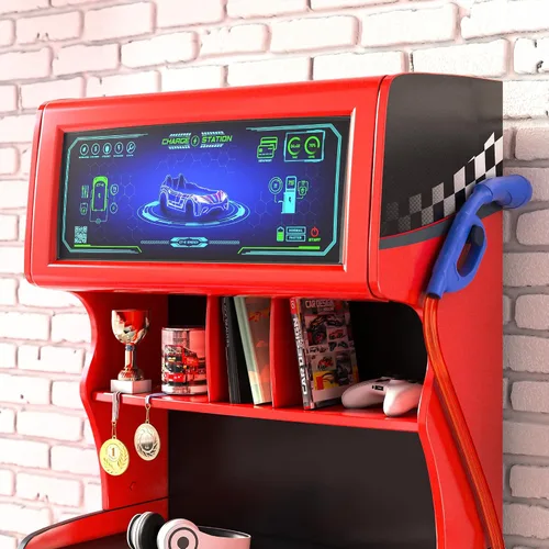 Vista 4 de Cilek GTS EV - Cómoda de 3 cajones con gabinete, diseño de cargador de coche EV, estantes adicionales, cajones de cierre suave, color rojo