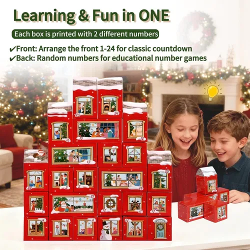 Vista 5 de GWHOLE Cajas de calendario de Adviento de Navidad, 24 unidades, caja de papel para manualidades con calcomanías de números para decoración