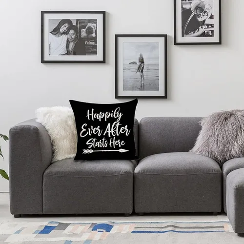 Vista 2 de Happily Ever After Starts Here - Fundas de almohada de 16 x 16 pulgadas, funda de cojín de lino y algodón para sofá, sala de estar, decoración
