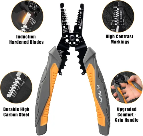 Vista 4 de MulWark Pelacables automático autoajustable 3 en 1, cortador/engarzador, alicates múltiples de 8 pulgadas para pelar cables eléctricos, corte