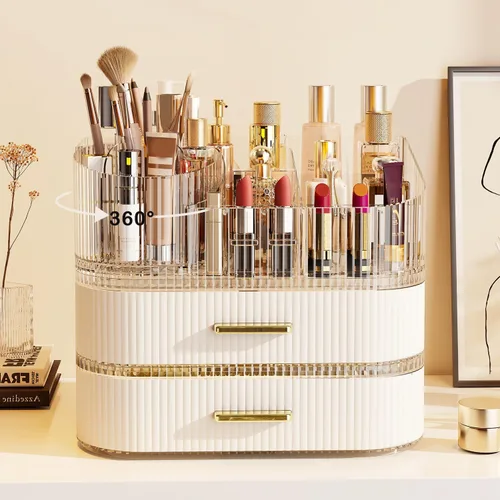 Vista 11 de Organizador de maquillaje giratorio de 360° con cajón, exhibición de almacenamiento de cosméticos de acrílico transparente, contador de belleza