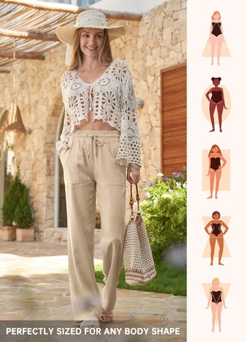 Vista 6 de Willit Pantalones de lino para mujer, pantalones palazzo de pierna ancha Khaki - Actualización