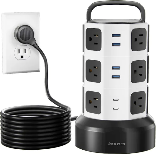 Vista 16 de Regleta de alimentación con protector de sobretensión de torre, JACKYLED 16 tomas 6 USB (2 USB C) estación de carga, cable de extensión con Negro