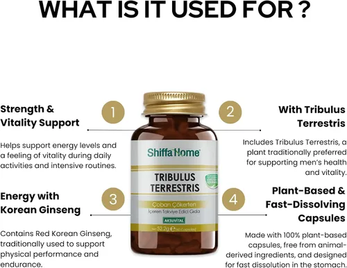 Vista 2 de shiffahome Tribulus Terrestris - Cápsulas de extracto – 60 cápsulas Suplemento de hierbas con extractos de Tribulus, avena y ginseng rojo