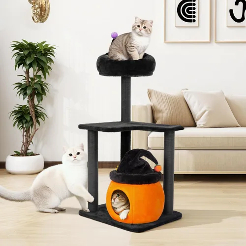 Vista 3 de KAMABOKO Árbol gótico para gatos, torre negra para gatos de 44.8 pulgadas con cama de ataúd, condominio grande y alto para gatos con postes