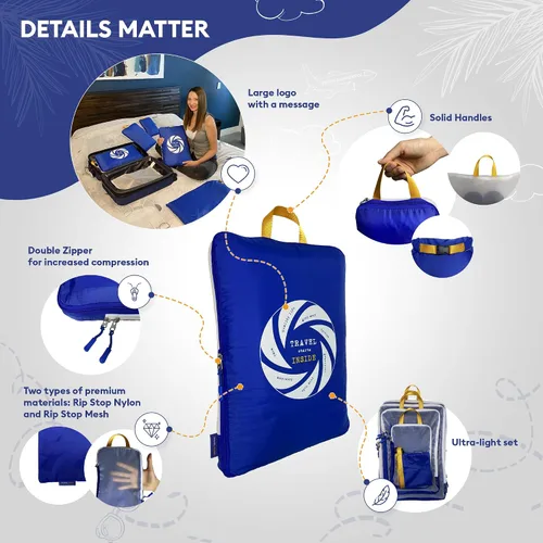 Vista 5 de TRAVEL INSIDE, Juego de 6 bolsas de cubo con malla transparente, organizadores de viaje ligeros para maleta, azul con zapatos y bolsa de lavandería