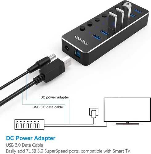Vista 6 de RSHTECH Hub USB 3.0, expansor de concentrador USB de 7 puertos alimentado de aluminio con adaptador universal de CA de 5 V e interruptores
