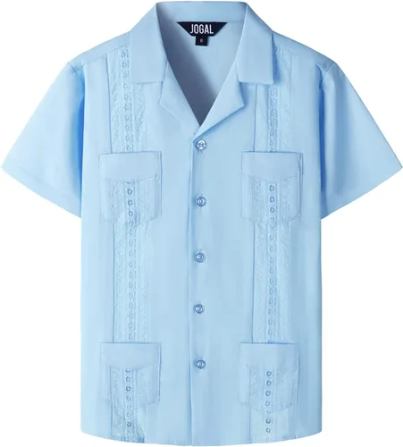 Vista 17 de JOGAL Camisas guayabera cubanas para niños de manga corta con botones, camisa casual de playa Verde militar