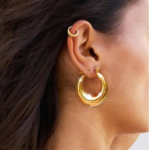 Vista 55 de Aretes de aro gruesos de oro para mujer, chapados en oro de 14 quilates, aretes de aro triple, hipoalergénicos, a la moda, aretes de aro gruesos