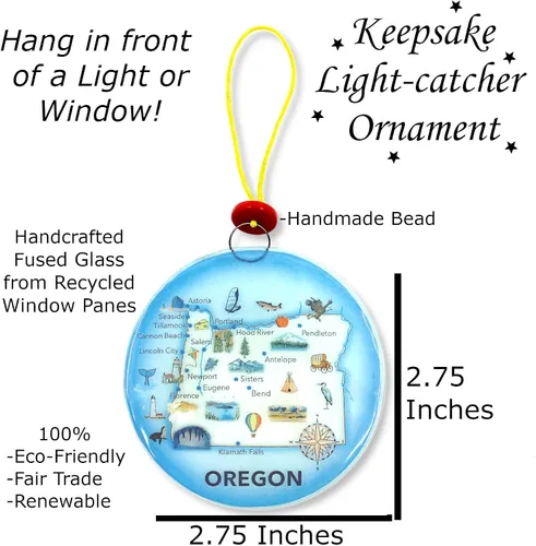 Vista 2 de Oregon State Map Adorno para árbol de Navidad - Atrapasador de luz de cristal artístico
