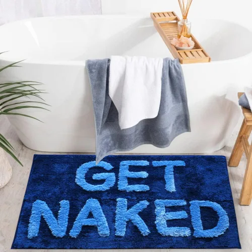 Vista 2 de Evovee Alfombra de baño con texto en inglés «Get Naked», divertida y bonita, antideslizante, lavable y con texto en inglés «Get Nake», color azul