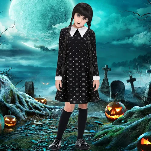 Vista 6 de ZIW Girls Wednesday Addams Costume Dress Kids Family Halloween Costumes Skull Printed Long Sleeve Pugsley Cosplay