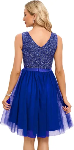 Vista 3 de Meetjen Vestido de cóctel de tul con lentejuelas para mujer, longitud hasta la rodilla, cuello en V, espalda en V, acampanado, vestido de fiesta