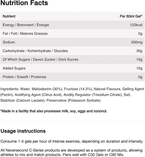 Vista 4 de Neversecond Gel energético C30, nutrición e hidratación de rendimiento, gel energético Never2 para ultra triatlones, ciclismo y maratones