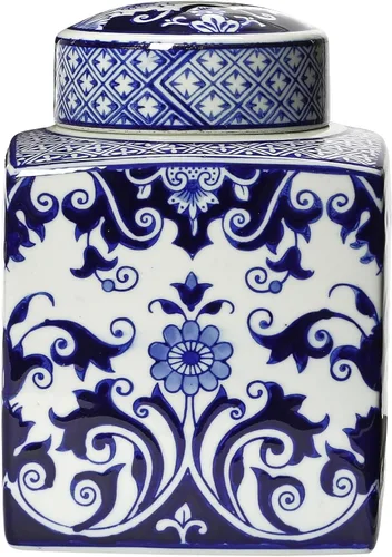 Vista 3 de Creative Co-Op - Tarro decorativo cuadrado de cerámica de jengibre con tapa para espacios pequeños, azul y blanco