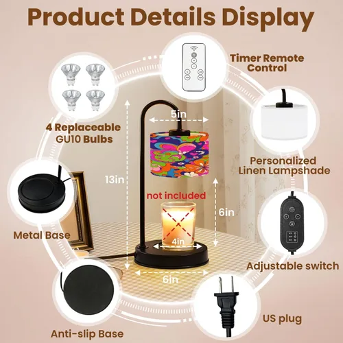 Vista 2 de Candle Warmer Lamp with Timer and Dimmer, Retro Groovy 60s 70s Seamless Old School Psychedelic Hippie Design Wax Melt Warmer with 4 Bulbs, House