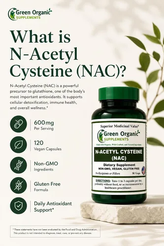 Vista 2 de Suplementos orgánicos verdes N-acetil cisteína (NAC) 700 mg Apoya la producción de glutatión, actividad antioxidante y salud celular 90 cápsulas