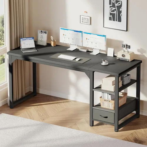Vista 18 de Mericonia Escritorio de computadora, escritorio de juegos para espacios pequeños, mesa moderna de estilo simple para oficina en casa, mesa de Negro