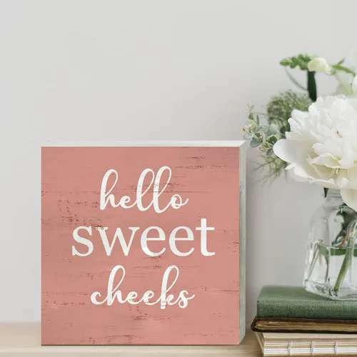 Vista 4 de Pink Hello Sweet Cheeks - Placa de madera para decoración de escritorio con citas, letrero rústico para el hogar, inodoro, oficina, 5 x 5 pulgadas