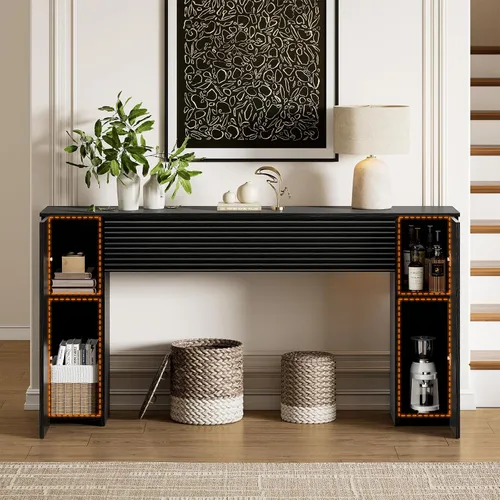 Vista 6 de FABATO Mesa consola larga acanalada de 61 pulgadas con 2 gabinetes de Negro