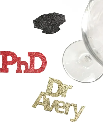 Vista 6 de Confeti de graduación de doctorado para mí, marido o esposa, decoraciones de graduación de doctorado en filosofía, paquete de 25 piezas de confeti