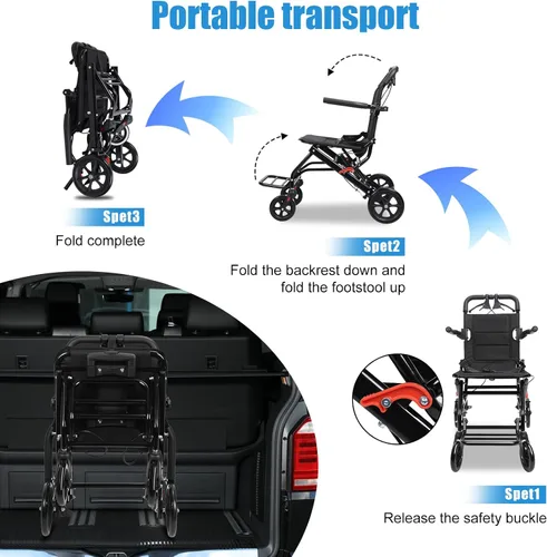 Vista 5 de Sillas de ruedas para adultos, silla de ruedas de transporte ligera plegable, silla de ruedas portátil ligera plegable para personas mayores