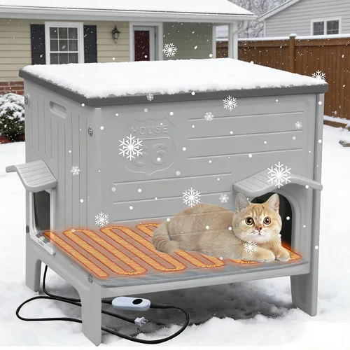 Vista 10 de Deblue Casa de Gatos al Aire Libre Resistente a la Intemperie Grande de Plástico con Puerta de Escape para Gatos Interiores Impermeable Refugio