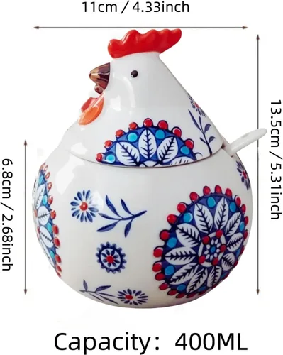 Vista 2 de Bodega de sal en forma de pollo con tapa y cuchara, soporte de sal para Azul