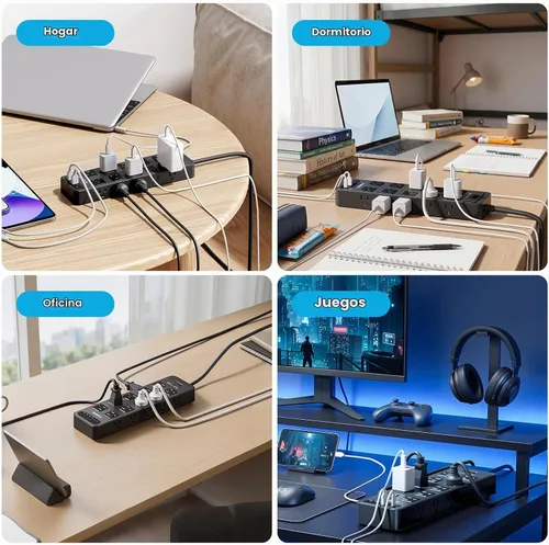 Vista 7 de Regleta de alimentación con enchufe plano, protector contra sobretensiones con 20 tomas de corriente AC y 6 puertos USB, 1875 W/15 A, 2700 julios