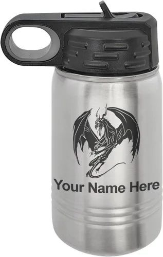 Vista 43 de LaserGram Botella de agua con tapa abatible de doble pared de 12 onzas con pajilla, dragón, grabado personalizado incluido (negro)