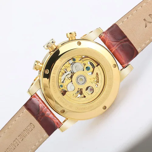 Vista 2 de BERNY - Reloj de pulsera automático para hombre, esfera de diamante real, multifunción, resistente al agua, correa de cuero genuino