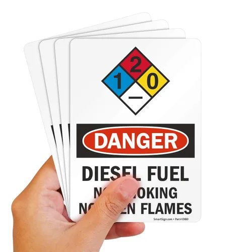 Vista 10 de Señales de seguridad SmartSign. Mensajes: "Danger: Diesel Fuel No Smoking No Open Flames", letras negras o rojas sobre fondo blanco., 1