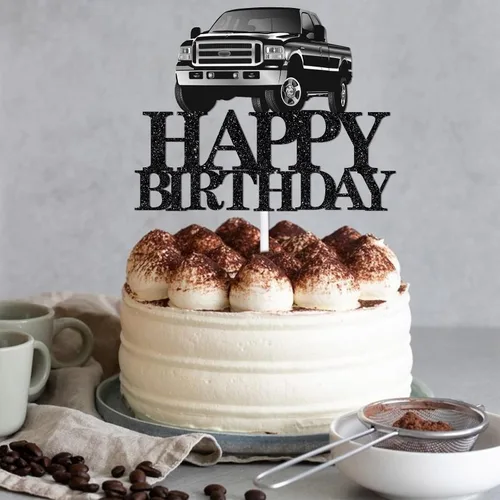 Vista 7 de Decoración de pastel de camioneta con temática de feliz cumpleaños, púas de decoración de purpurina negra para adultos, suministros de decoración