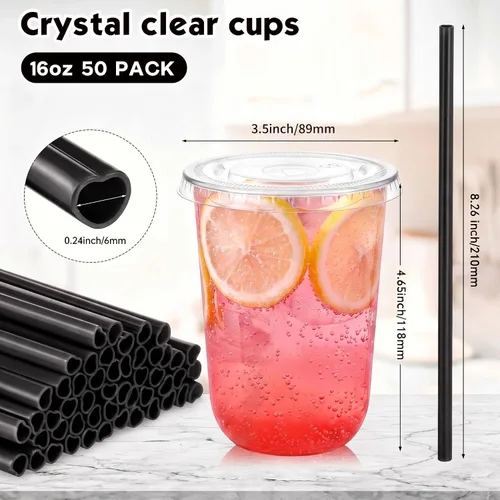 Vista 3 de Ziliny Juego de 50 vasos de plástico de paja negra con pajitas y tapas en forma de corazón, tazas desechables para café helado, mascotas