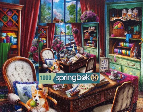 Vista 3 de Springbok Creative Mood - Rompecabezas de 1000 piezas para adultos, corgi en estudio de arte, piezas de corte único, fabricado en Estados Unidos