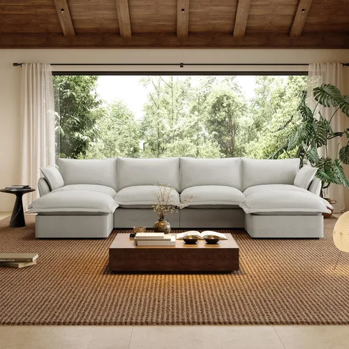 Vista 32 de Sofá modular de mezcla de lino para sala de estar, cómodo sofá modular con relleno de plumón, moderno sofá cama convertible con asiento profundo