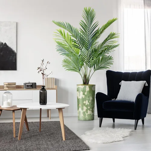 Vista 16 de Árbol artificial con diseño de hojas blancas y negras, palmera tropical areca artificial de seda para decoración del hogar en interiores y Diseño