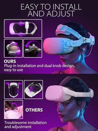 Vista 4 de DESTEK QH1 - Correa de cabeza para auriculares sin presión compatible con MetaOculus Quest 2, correa de élite de doble perilla con auriculares