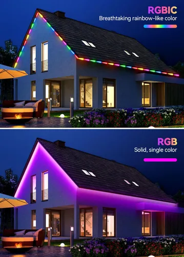 Vista 3 de Tira de luces LED RGB+IC de 50 pies para exteriores, impermeable, IP67, varios colores, luces LED inteligentes Bluetooth, control de aplicación
