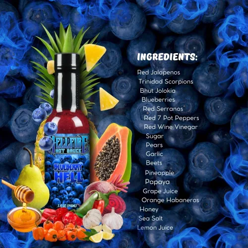 Vista 6 de Salsa picante Hellfire Blueberry Hell con pimientos Carolina Reaper, Gourmet, galardonada salsa picante a base de frutas, 5 onzas
