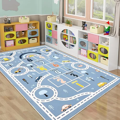 Vista 13 de Alfombra de juego para niños de 4 x 6 pies y alfombra de auto Hopscotch – Alfombra grande azul lavable para aula y preescolar para niños en edad