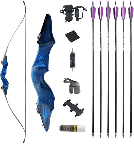 Vista 18 de Juego de arco recurvo y flecha original de 60 pulgadas Black Hunter Takedown de 20 a 60 libras, arco largo de madera tradicional RH&LH para caza