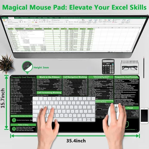 Vista 2 de ProbTis Alfombrilla de escritorio de hoja de trucos de Excel, versión Pro mejorada, alfombrilla de mouse de accesos directos de Excel, bordes