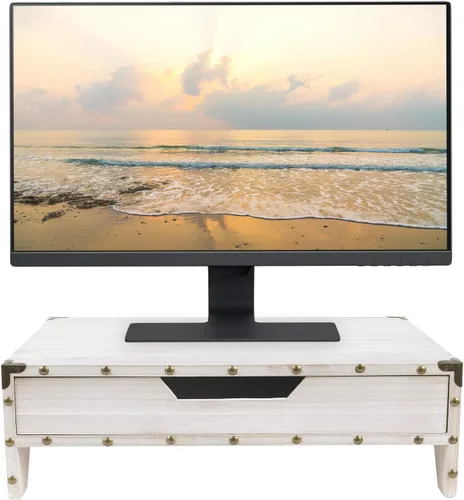 Vista 2 de Ikee Design Soporte de madera para monitor de 2 niveles con cajón, soportes de escritorio de madera Soporte ergonómico para monitor: eleva tu