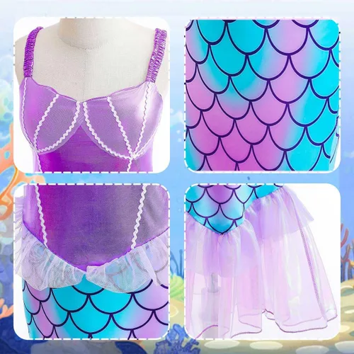 Vista 5 de iTVTi Disfraz de sirena para niñas, disfraz de princesa Ariel, disfraz de Halloween, trajes morados